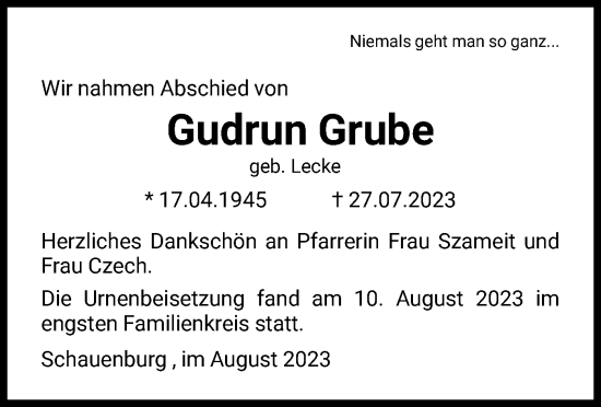 Traueranzeigen Von Gudrun Grube Trauer Hna De