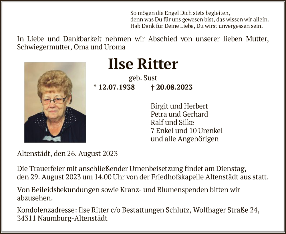 Traueranzeigen Von Ilse Ritter Trauer HNA De