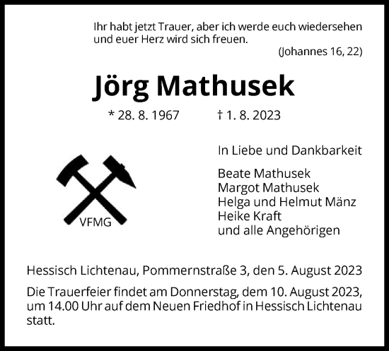 Traueranzeigen von Jörg Mathusek Trauer HNA de