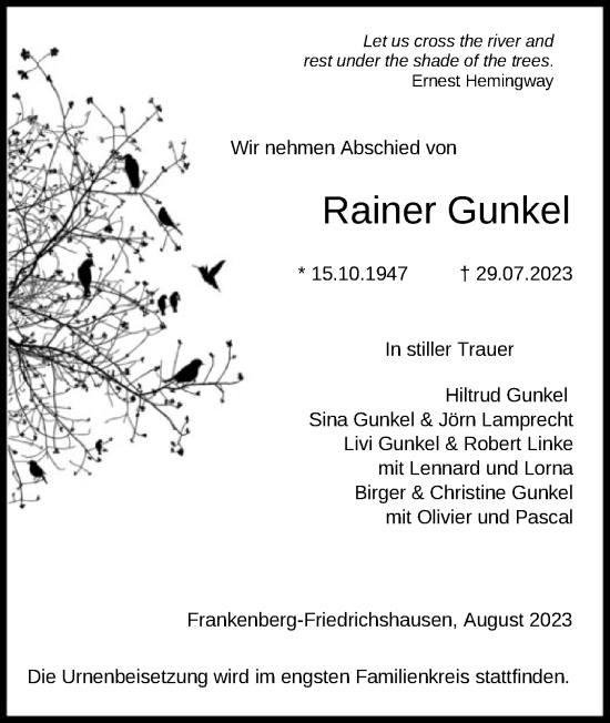 Traueranzeigen Von Rainer Gunkel Trauer HNA De