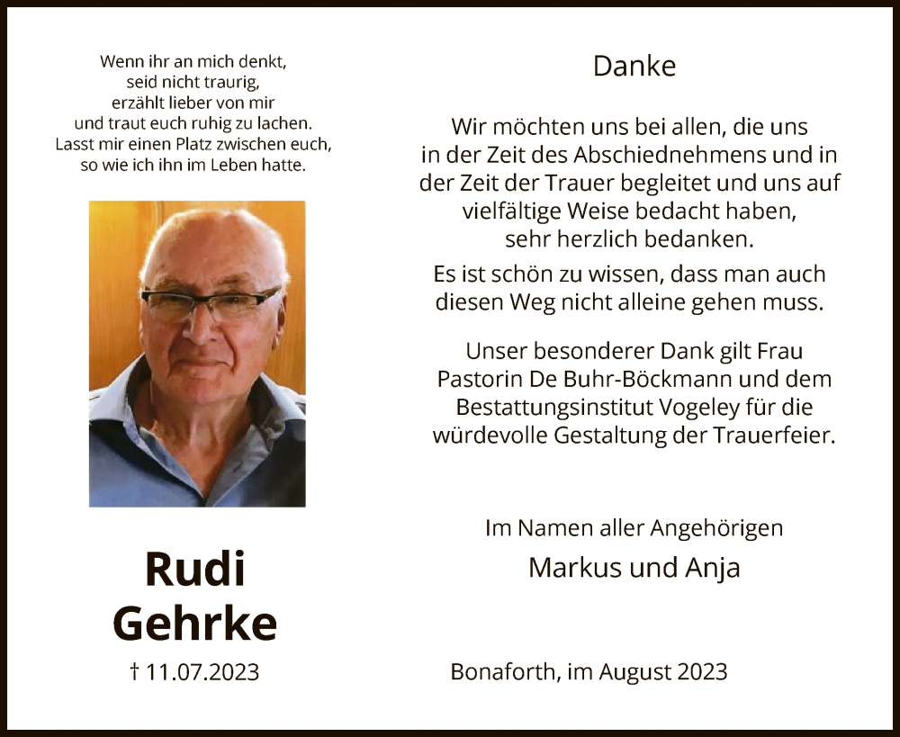 Traueranzeigen Von Rudi Gehrke Trauer Hna De