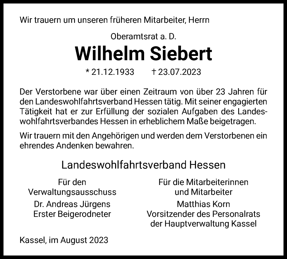 Traueranzeigen Von Wilhelm Siebert Trauer Hna De