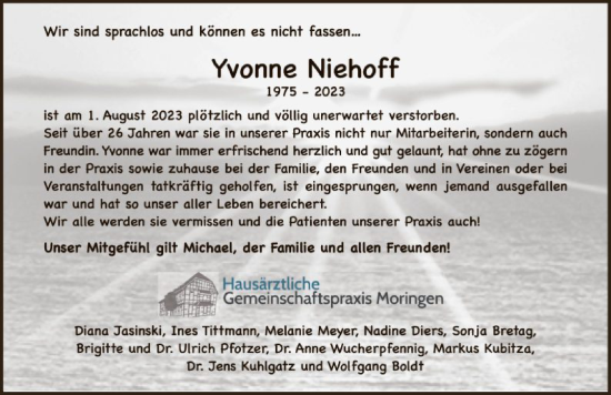 Traueranzeigen Von Yvonne Niehoff Trauer Hna De