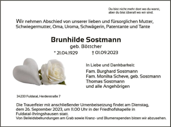 Traueranzeigen Von Brunhilde Sostmann Trauer HNA De