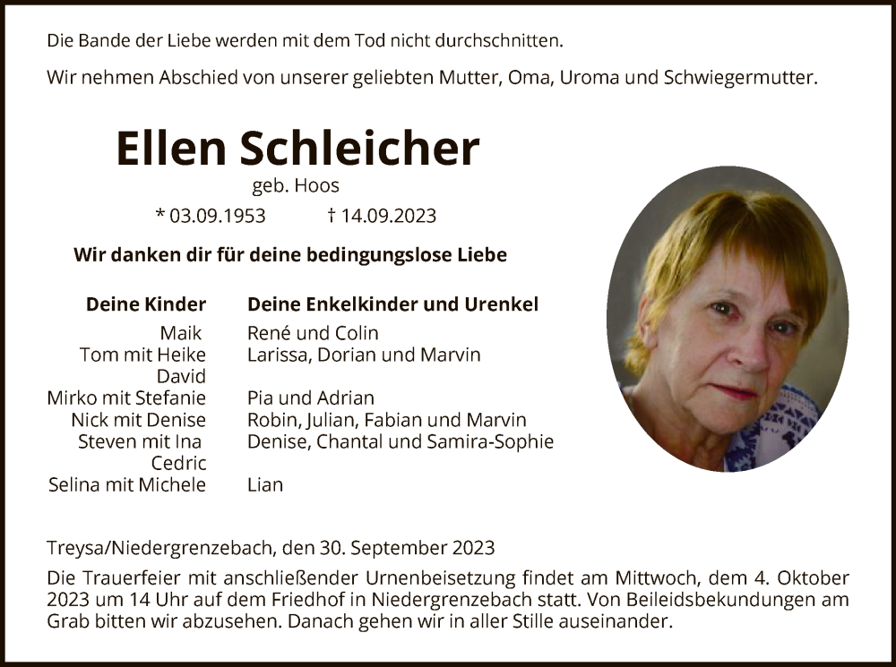 Traueranzeigen Von Ellen Schleicher Trauer HNA De