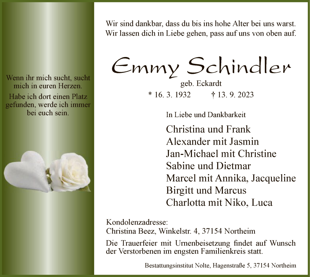 Traueranzeigen Von Emmy Schindler Trauer HNA De