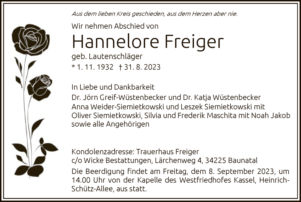 Traueranzeigen Von Hannelore Freiger Trauer HNA De