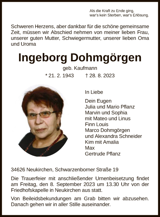 Traueranzeigen von Ingeborg Dohmgörgen Trauer HNA de