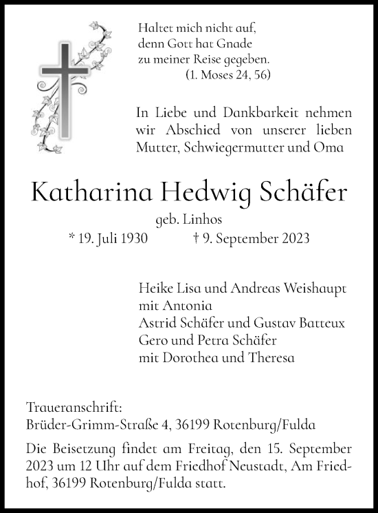 Traueranzeigen Von Katharina Hedwig Sch Fer Trauer Hna De