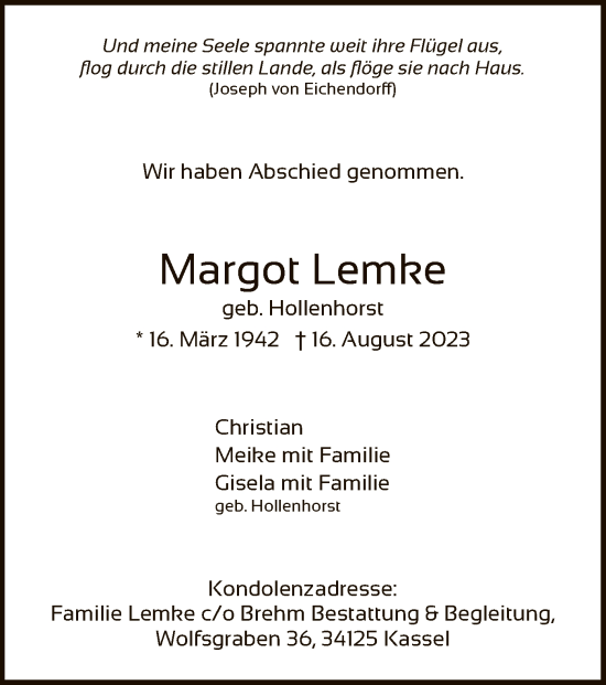 Traueranzeigen Von Margot Lemke Trauer HNA De