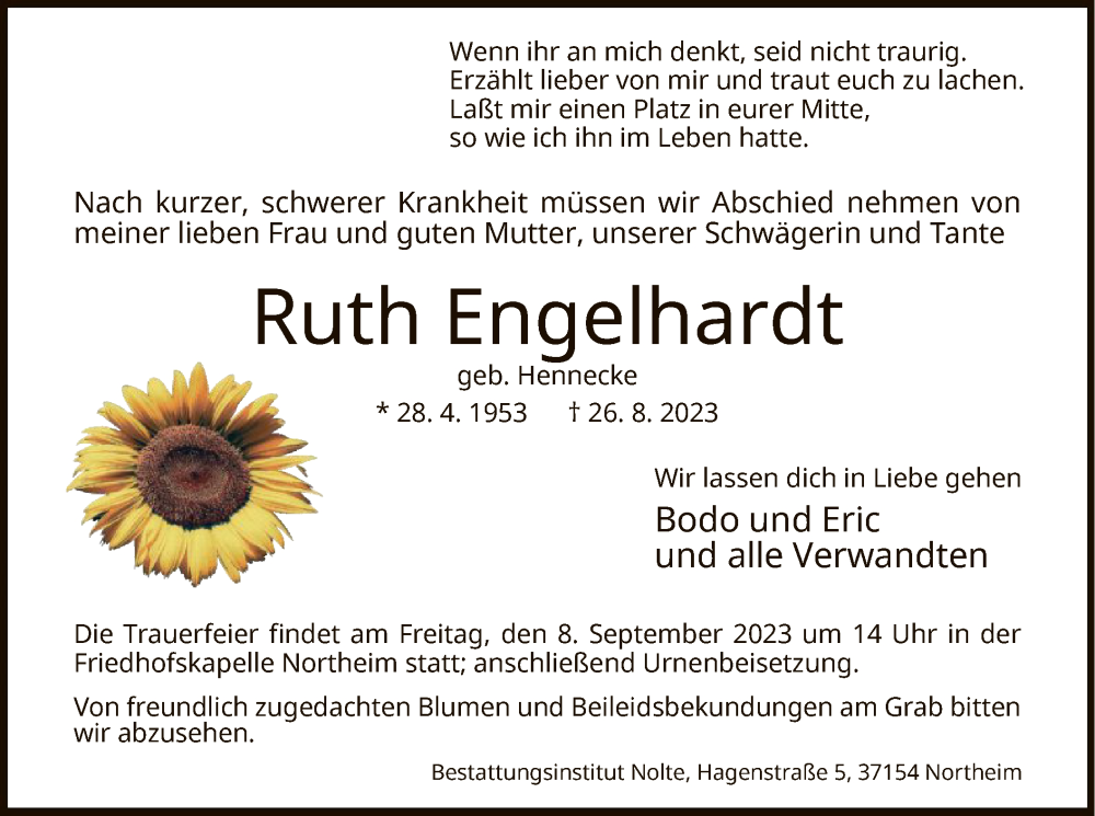 Traueranzeigen Von Ruth Engelhardt Trauer Hna De