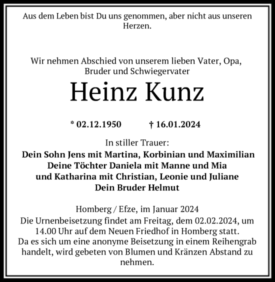 Traueranzeigen Von Heinz Kunz Trauer HNA De