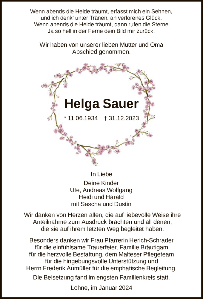 Traueranzeigen Von Helga Sauer Trauer HNA De