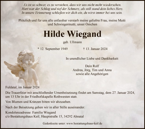 Traueranzeigen Von Hilde Wiegand Trauer HNA De