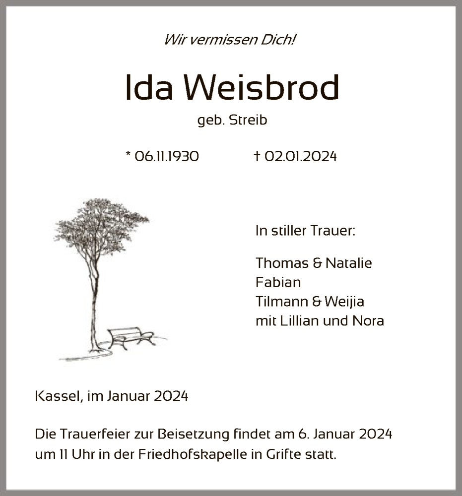 Traueranzeigen Von Ida Weisbrod Trauer Hna De