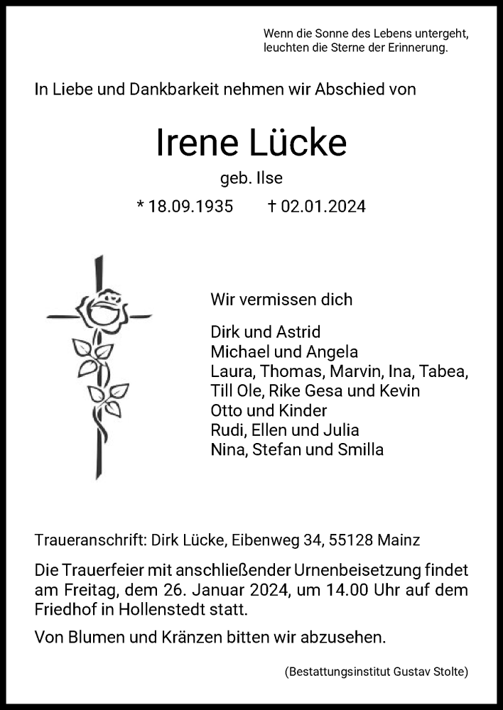 Traueranzeigen Von Irene L Cke Trauer Hna De