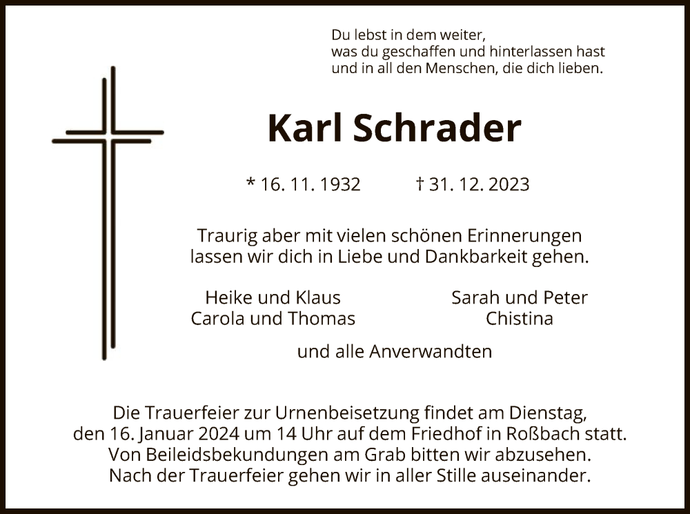 Traueranzeigen Von Karl Schrader Trauer Hna De