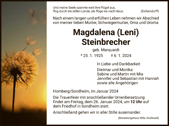 Traueranzeigen Von Magdalena Steinbrecher Trauer HNA De