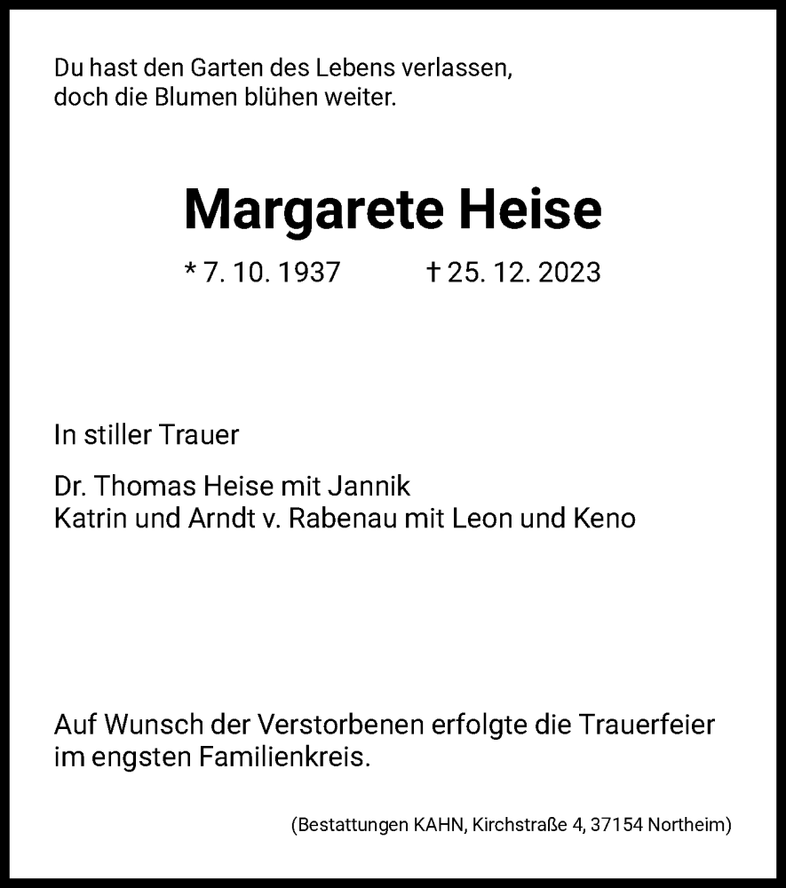 Traueranzeigen Von Margarete Heise Trauer HNA De