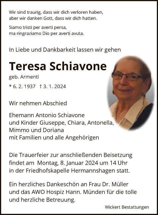 Traueranzeigen Von Teresa Schiavone Trauer HNA De