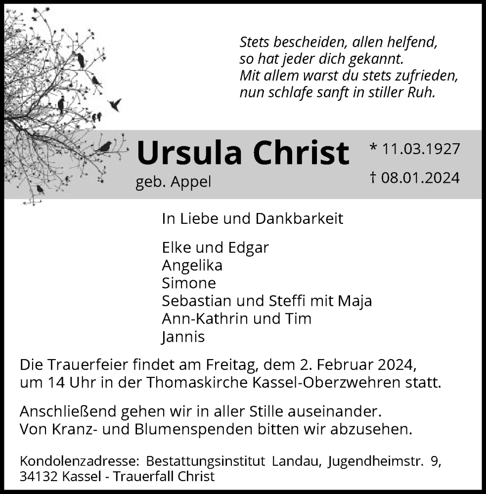 Traueranzeigen Von Ursula Christ Trauer Hna De