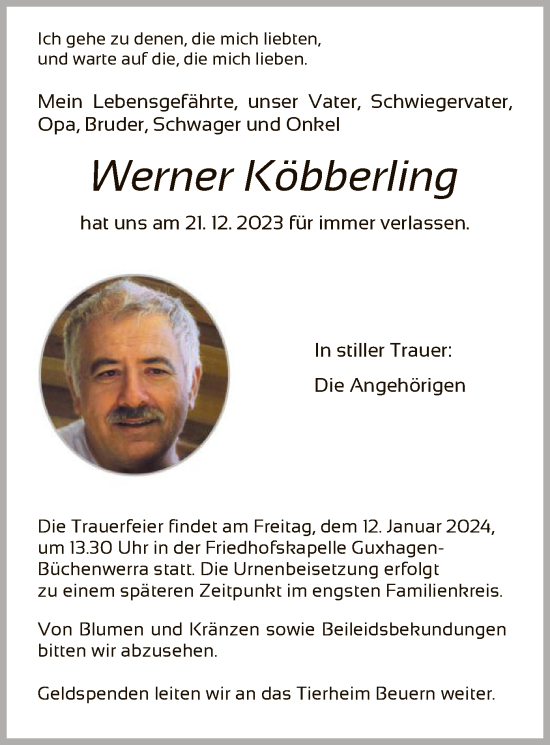 Traueranzeigen von Werner Köbberling Trauer HNA de