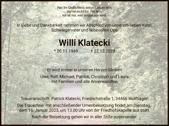 Traueranzeigen Von Willi Klatecki Trauer HNA De