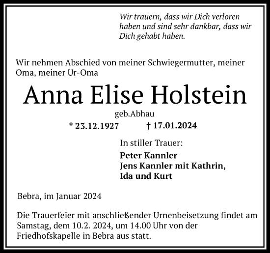 Traueranzeigen Von Anna Elise Holstein Trauer HNA De