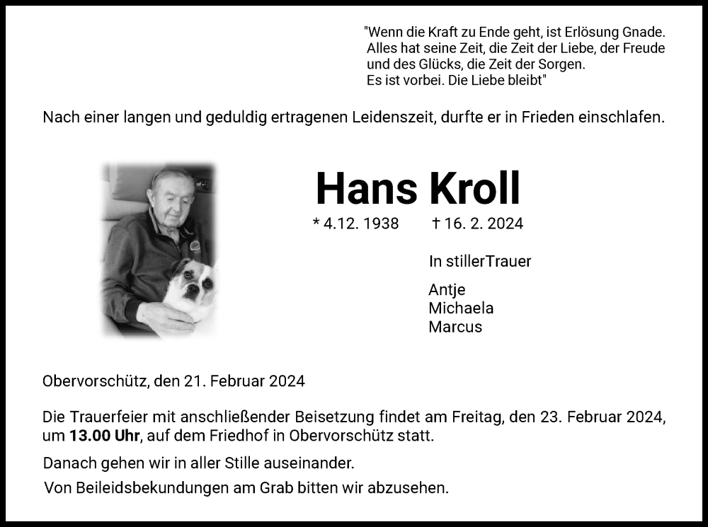 Traueranzeigen Von Hans Kroll Trauer Hna De