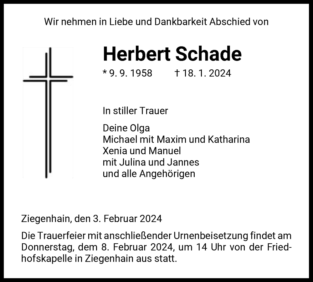 Traueranzeigen Von Herbert Schade Trauer HNA De