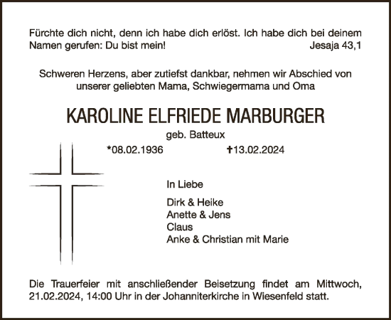 Traueranzeigen Von Karoline Elfriede Marburger Trauer HNA De