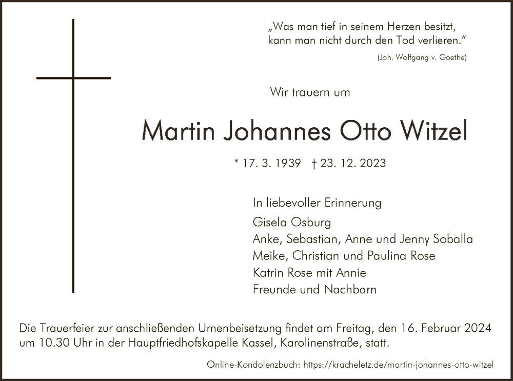 Traueranzeigen Von Martin Johannes Otto Witzel Trauer HNA De