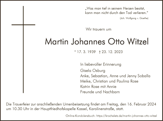 Traueranzeigen Von Martin Johannes Otto Witzel Trauer Hna De