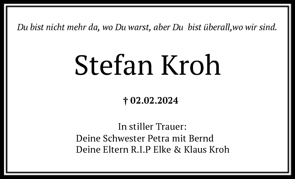 Traueranzeigen Von Stefan Kroh Trauer Hna De