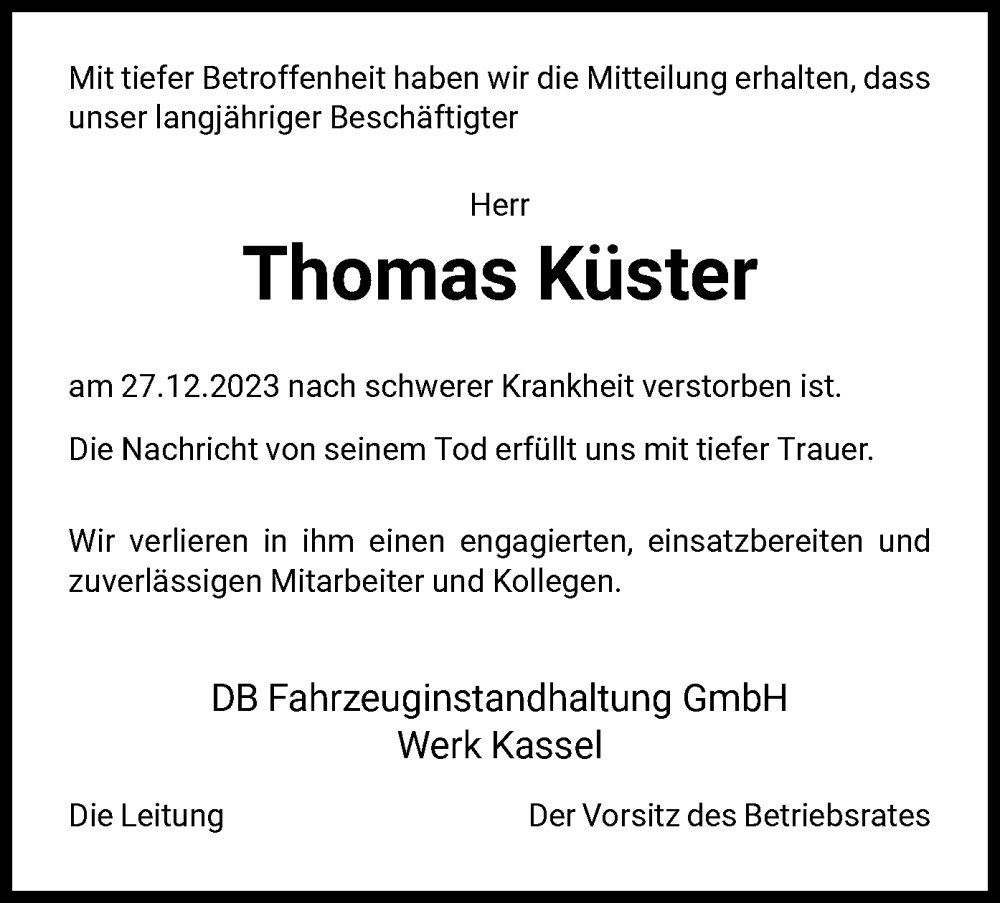 Traueranzeigen von Thomas Küster Trauer HNA de