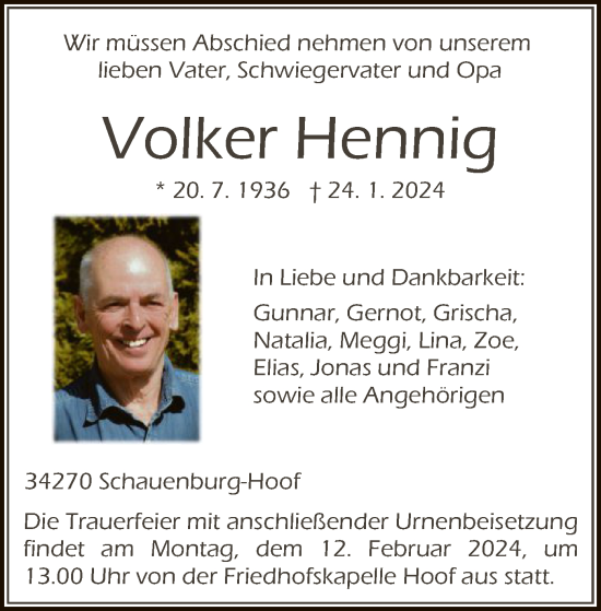 Traueranzeigen Von Volker Hennig Trauer HNA De