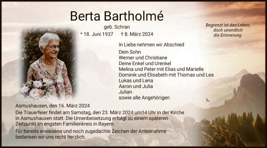 Traueranzeigen Von Berta Bartholm Trauer Hna De