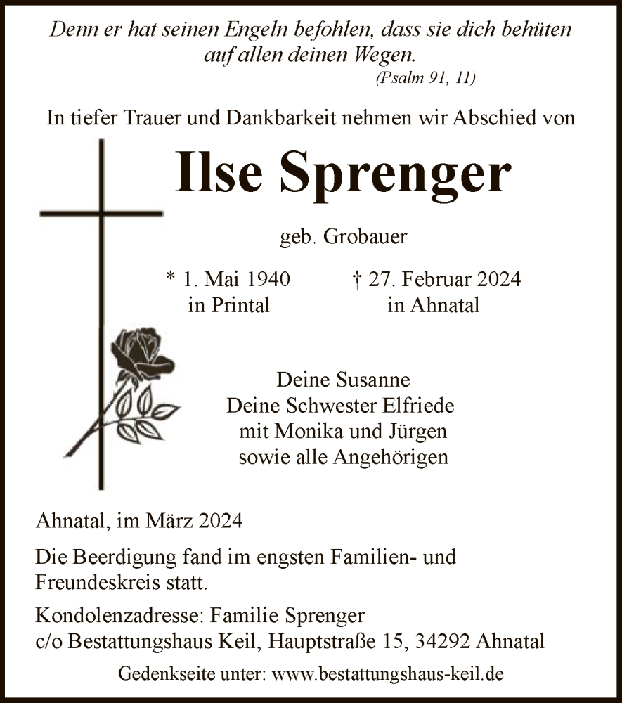 Traueranzeigen Von Ilse Sprenger Trauer HNA De