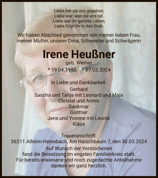 Traueranzeigen von Irene Heußner Trauer HNA de