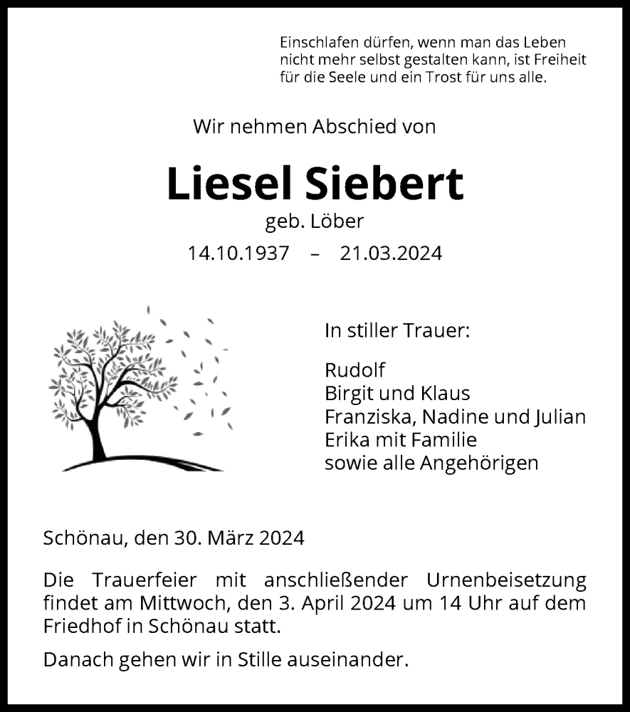 Traueranzeigen Von Liesel Siebert Trauer Hna De