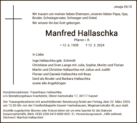 Traueranzeigen Von Manfred Hallaschka Trauer HNA De