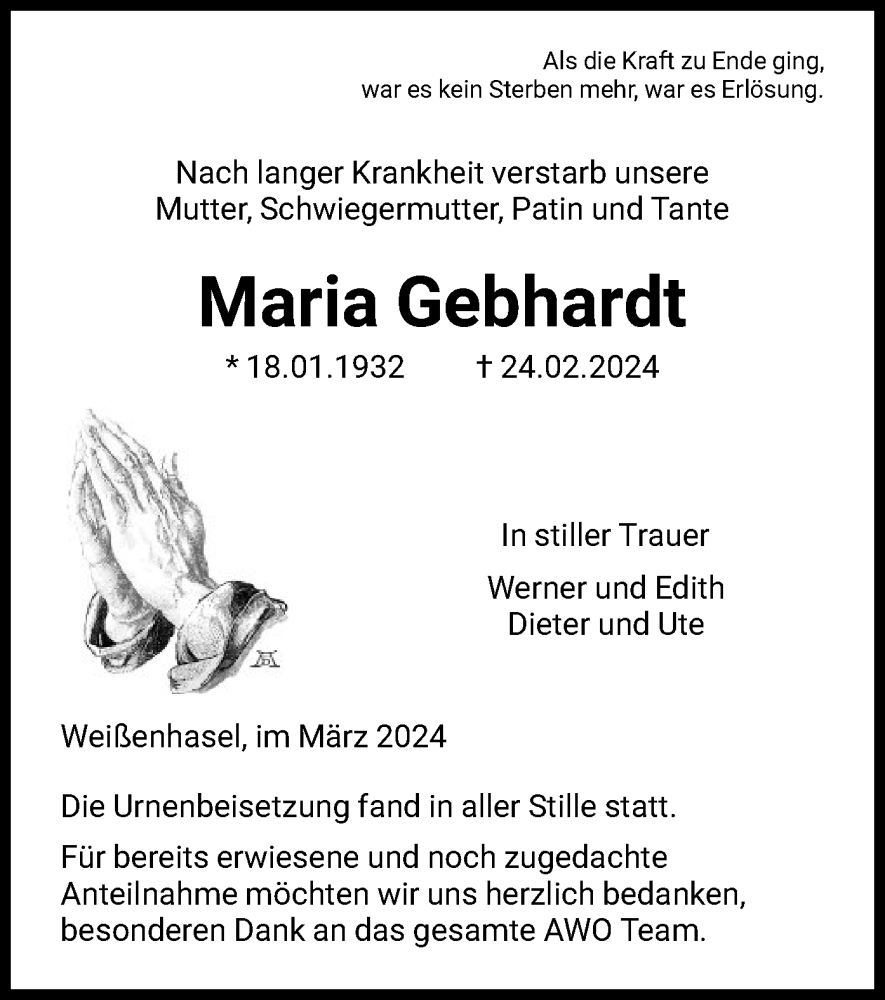 Traueranzeigen Von Maria Gebhardt Trauer Hna De