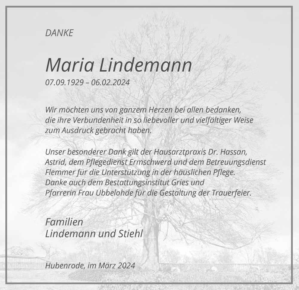 Traueranzeigen Von Maria Lindemann Trauer Hna De