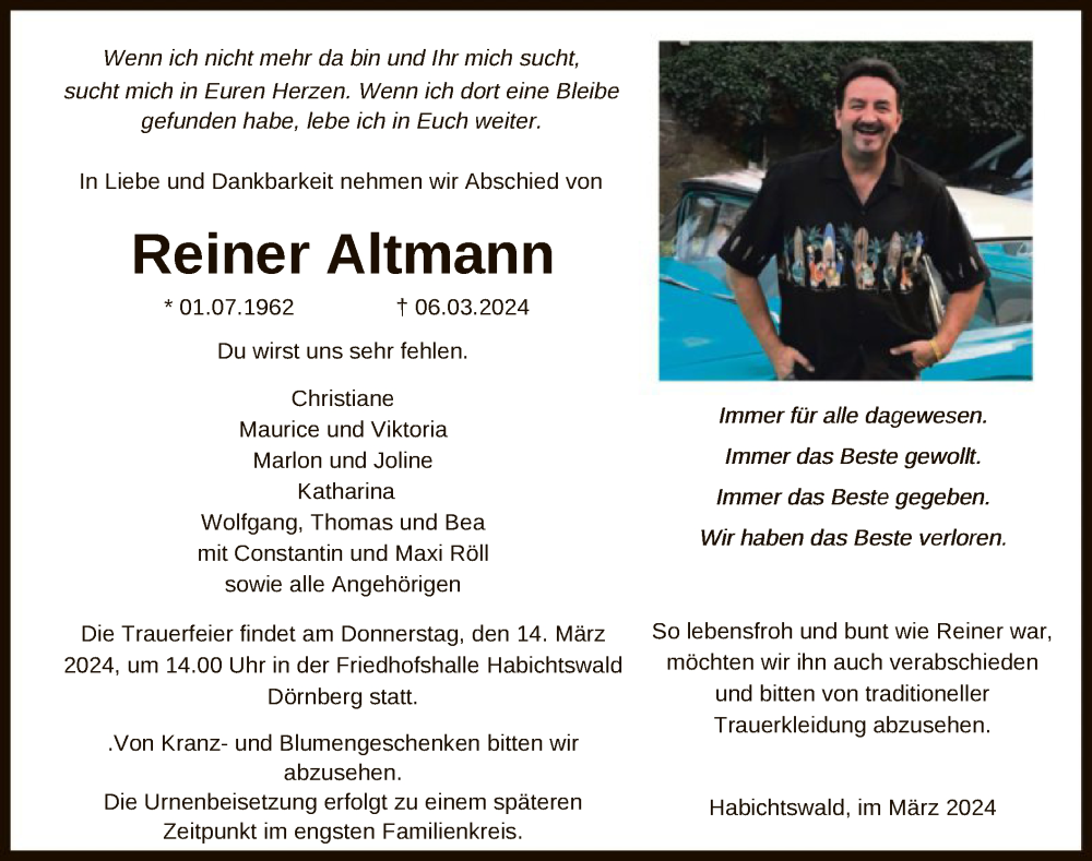 Traueranzeigen Von Reiner Altmann Trauer HNA De