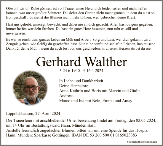 Traueranzeige von Gerhard Walther von HNA