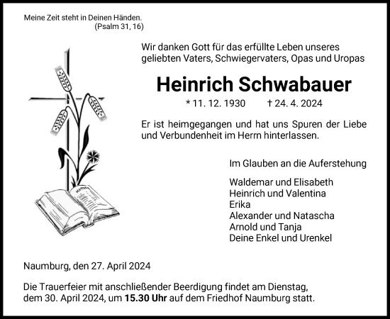 Traueranzeige von Heinrich Schwabauer von HNA