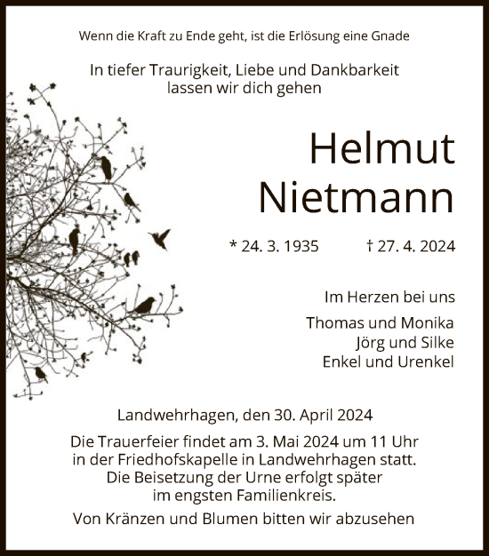 Traueranzeige von Helmut Nietmann von HNA