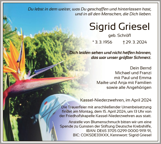 Traueranzeigen Von Sigrid Griesel Trauer HNA De