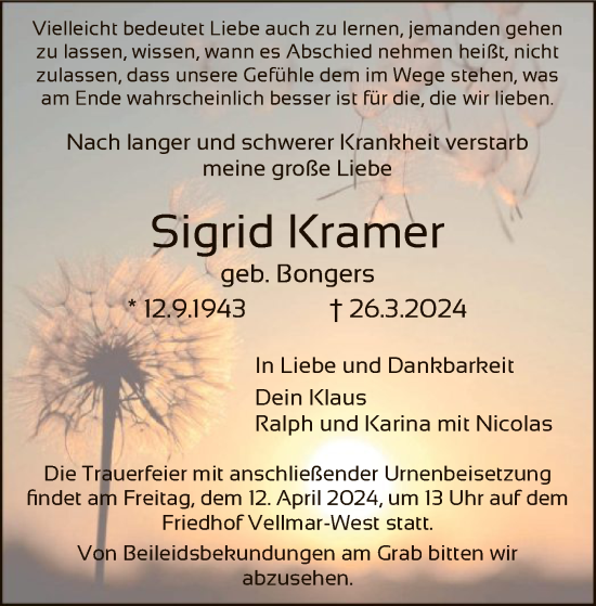 Traueranzeigen Von Sigrid Kramer Trauer Hna De