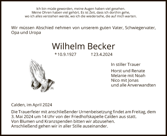 Traueranzeige von Wilhelm Becker von HNA